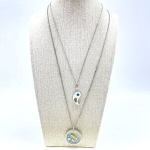 Layered Silver Tone Necklace Lot of 2 Yin Yang Pendant Rainbow Glass Charm